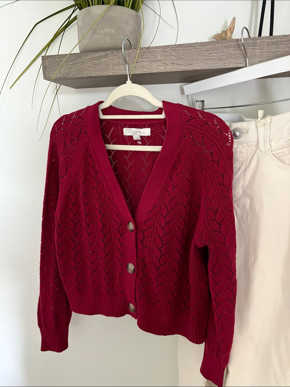 LOFT cranberry Pointelle V-Neck Button Cardigan 100% cotton